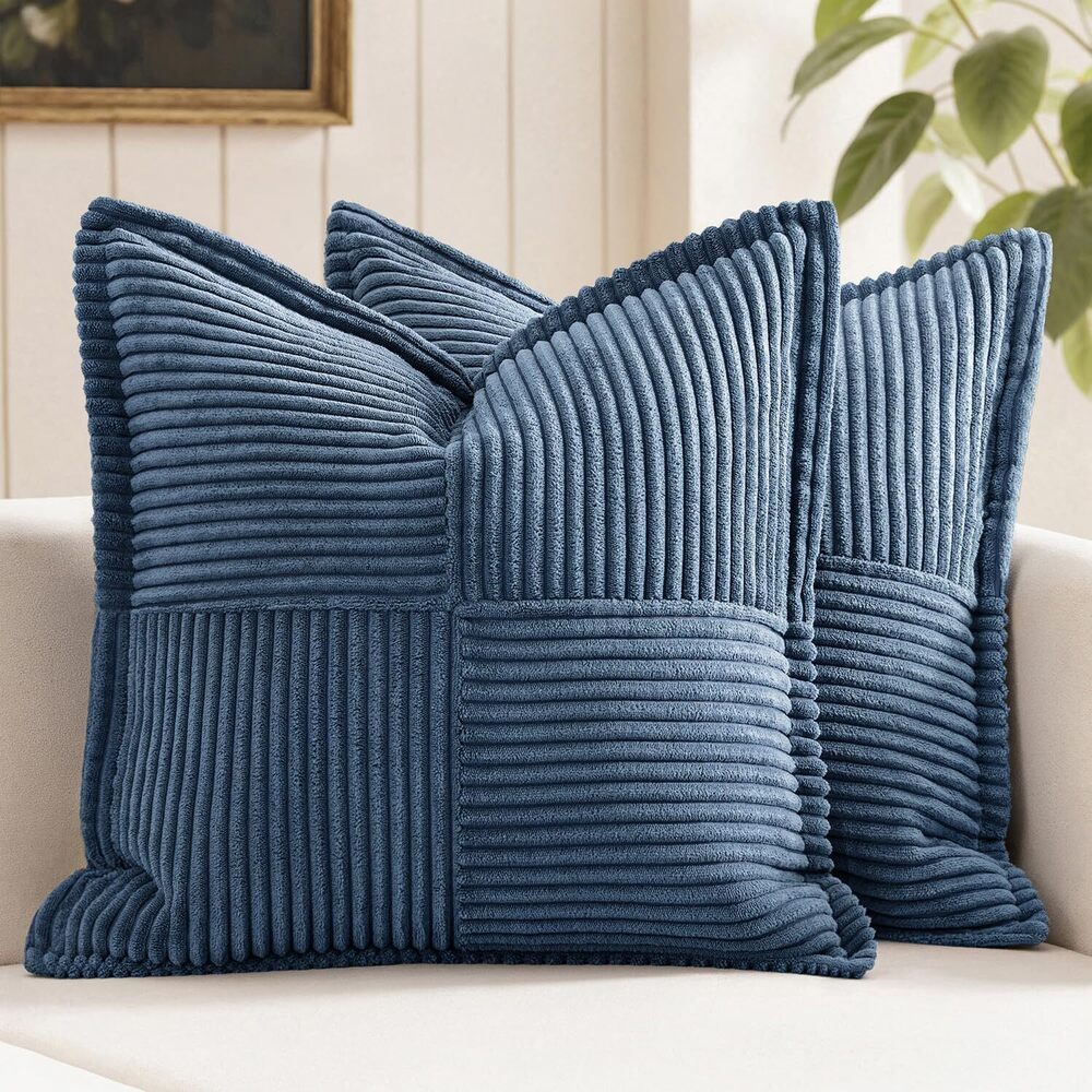 6904 Blue Corduroy Pillow Covers 16x16 Inch with Splicing Set of 2 Soft